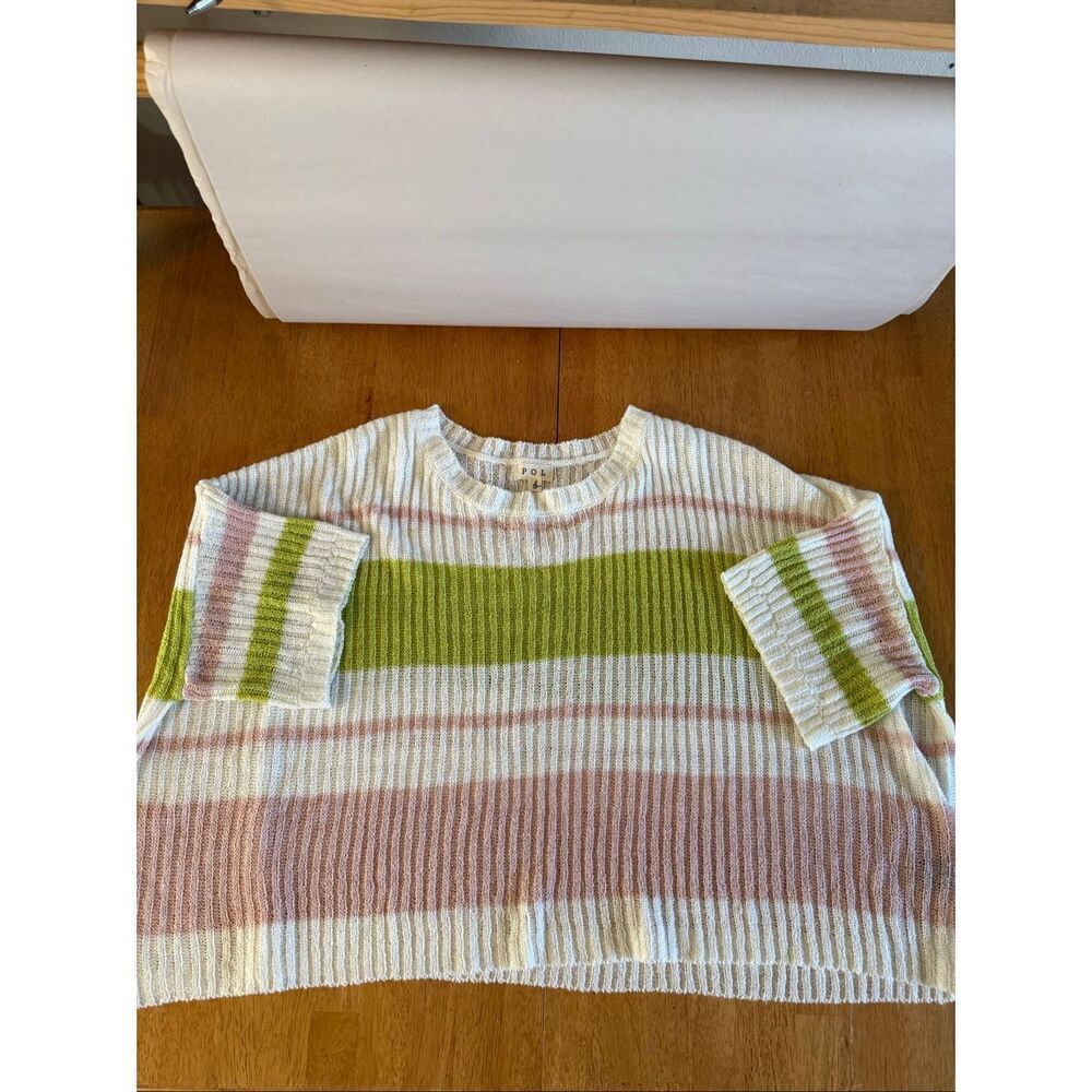POL Open Knit Dolman Sleeve Sweater Pink Green White Striped Oversize Boho size